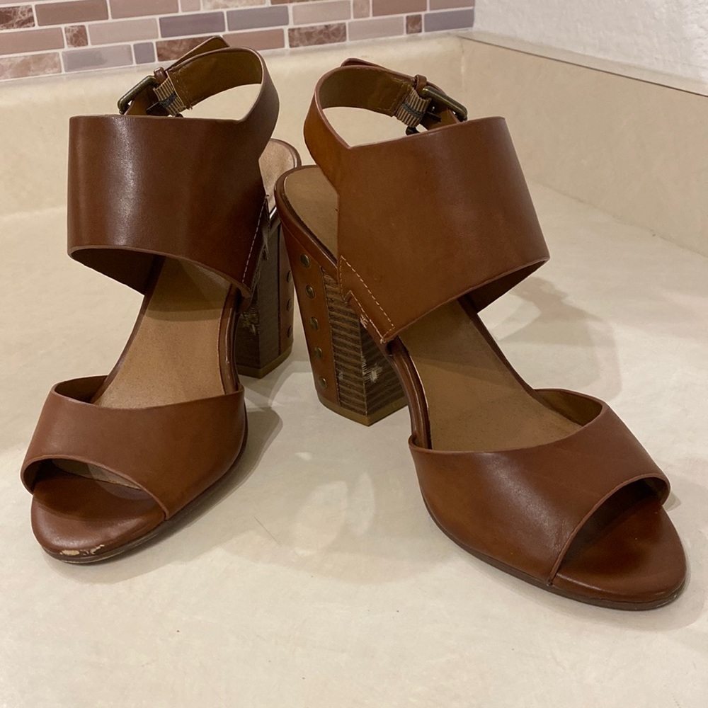 Womens brown leather block heels